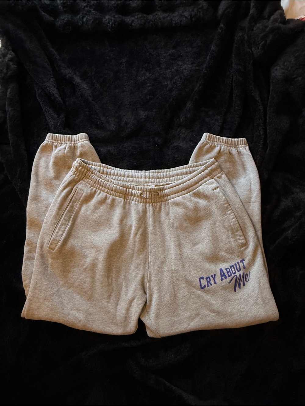 Gray Men's Sweatpants Joggers with 'Cry About Me' Purple Graphic
